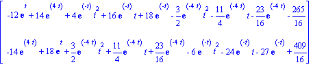 matrix([[-12*exp(t)+14*exp(4*t)+4*exp(-t)*t^2+16*exp(-t)*t+18*exp(-t)-3/2*exp(-4*t)*t^2-11/4*exp(-4*t)*t-23/16*exp(-4*t)-265/16], [-14*exp(4*t)+18*exp(t)+3/2*exp(-4*t)*t^2+11/4*exp(-4*t)*t+23/16*exp(-...