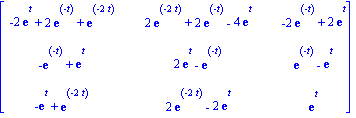 matrix([[-2*exp(t)+2*exp(-t)+exp(-2*t), 2*exp(-2*t)+2*exp(-t)-4*exp(t), -2*exp(-t)+2*exp(t)], [-exp(-t)+exp(t), 2*exp(t)-exp(-t), exp(-t)-exp(t)], [-exp(t)+exp(-2*t), 2*exp(-2*t)-2*exp(t), exp(t)]])