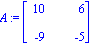 A := matrix([[10, 6], [-9, -5]])