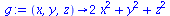 proc (x, y, z) options operator, arrow; `+`(`*`(2, `*`(`^`(x, 2))), `*`(`^`(y, 2)), `*`(`^`(z, 2))) end proc